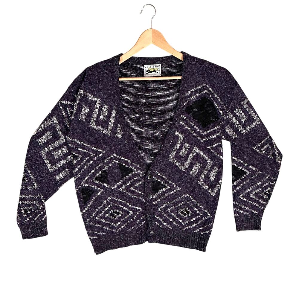 Vintage 80s 90s  Le Tigre Mohair Geo Print Cardigan Sz Large Streetwear Grandpa